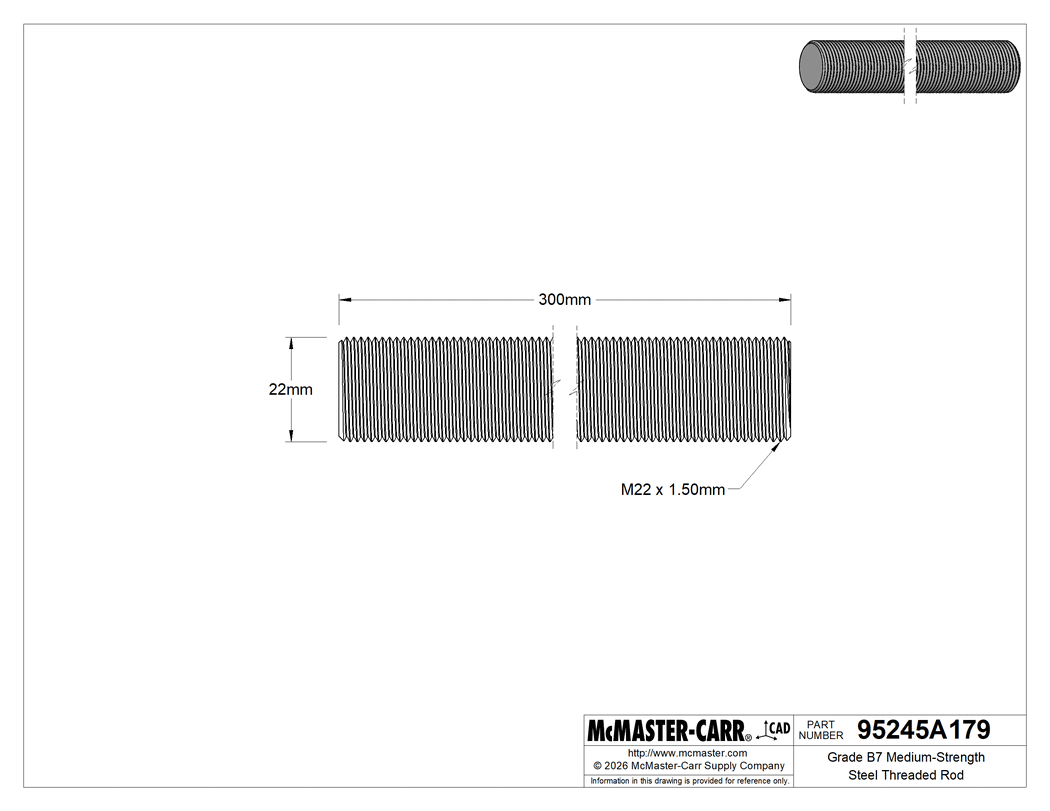 Technical Drawing of Grade B7 Medium-Strength Steel Threaded Rod, Fine-Thread, M22 x 1.5 mm Thread, 300 mm Long.